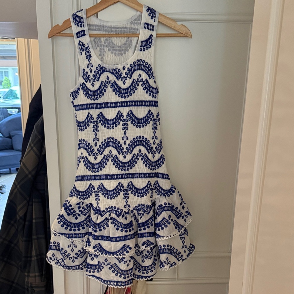 Commence White Sleeveless flare Dress with Blue Embroidered Pattern